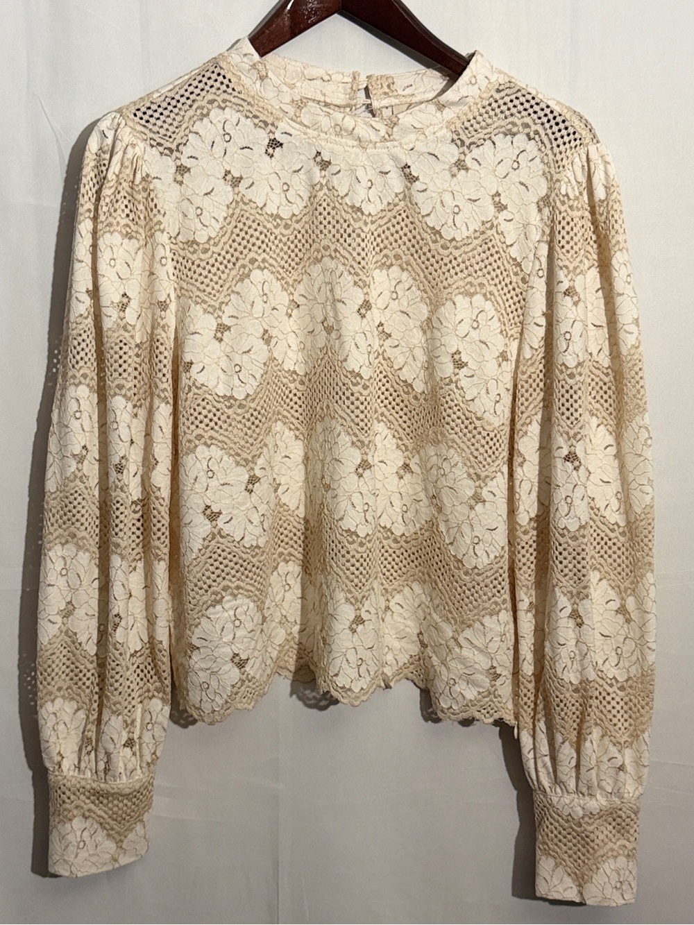 Anthropologie Dolan Left Coast Floral Mock-Neck Lace Blouse Cream Tan XL